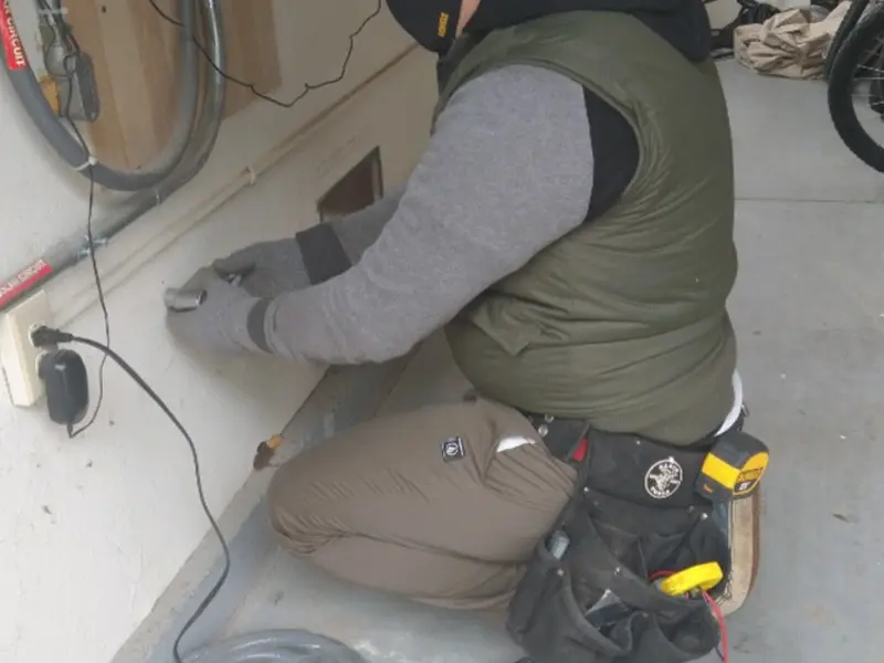 Electrician performing outlet wiring in a Canyon Creek garage